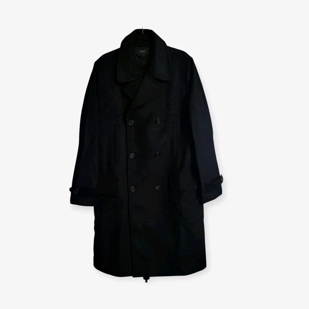Quince Mens L NWOT Italian Wool Double-Breasted Officer Topcoat Black Coat Solid